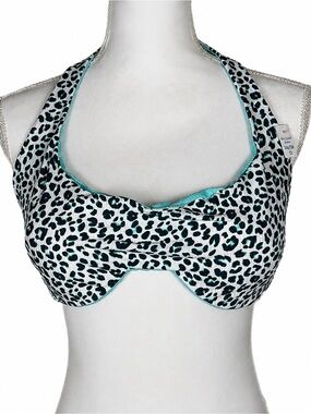 Coco Reef Bikini Top Reversible Aqua Leopard Halter Tie Back NWT Size 36/38D